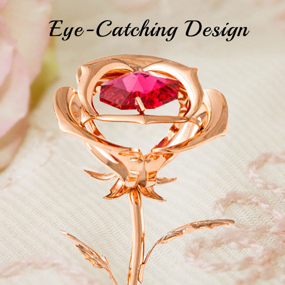 Matashi Rose Gold Plated Rose Flower Tabletop Ornament w Red Crystals Home Decor