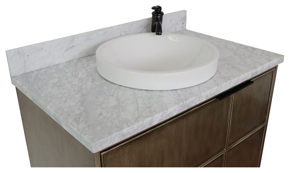 37" Single Vanity, Linen Brown Finish With White Carrara Top And Round Sink