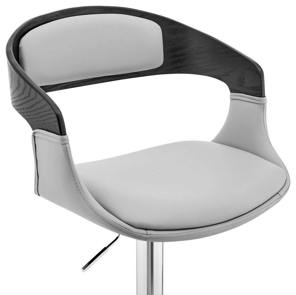 Benson Adjustable Faux Leather and Wood Bar Stool With Metal Base, Gray and Blac