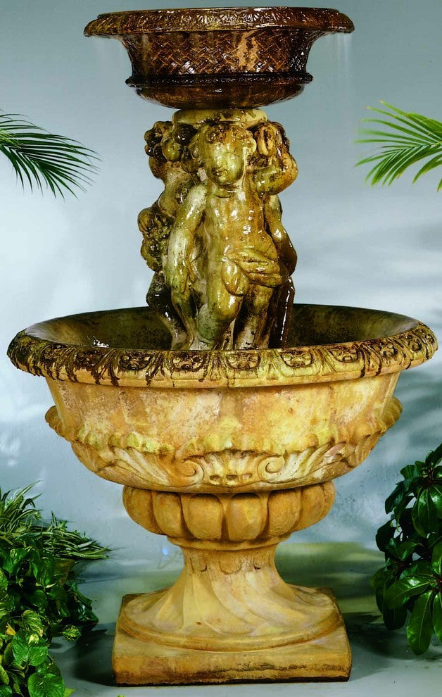 Antique Cherubs Outdoor Fountain, Golden Moss