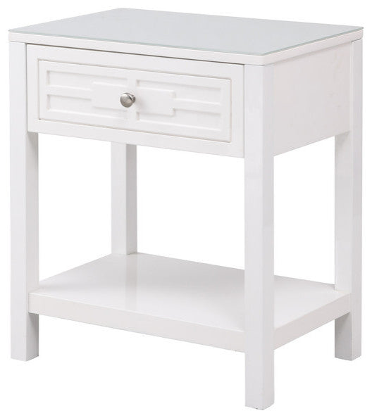 Dylan Wooden End Side Table Nightstand With Glass Top and Drawer, White