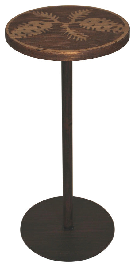 Burnt Sienna Iron and Stained Wood Round Drink Table With Pinecone
