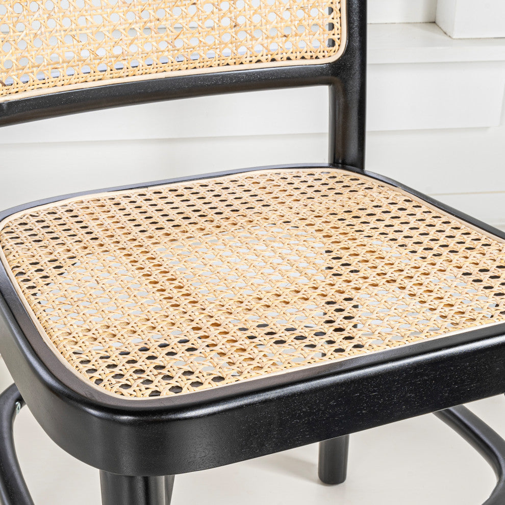 Colmar Mid-Century Vintage Wood Rattan Dining Chair, Black/Natural, Set of 2