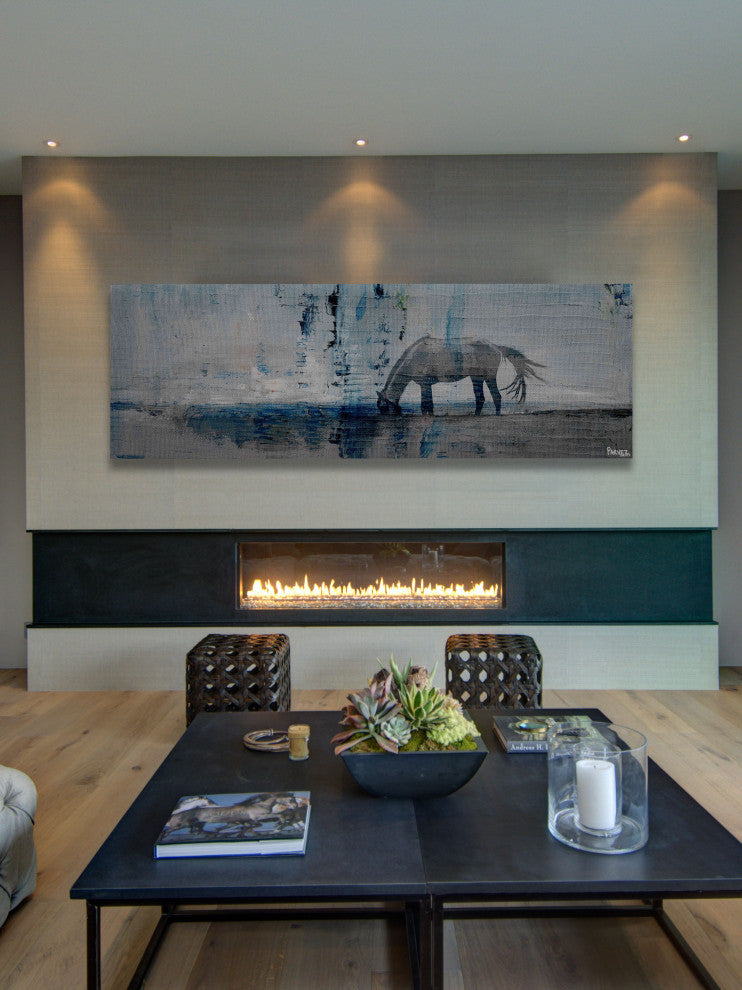 "Horse Grazing Blue" Painting Print on Wrapped Canvas, 30"x10"