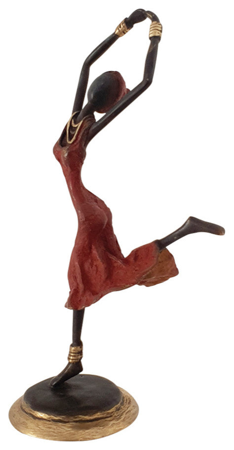 Vintage Hand Cast Bronze Statue of a Dancing African Woman, Red Dress