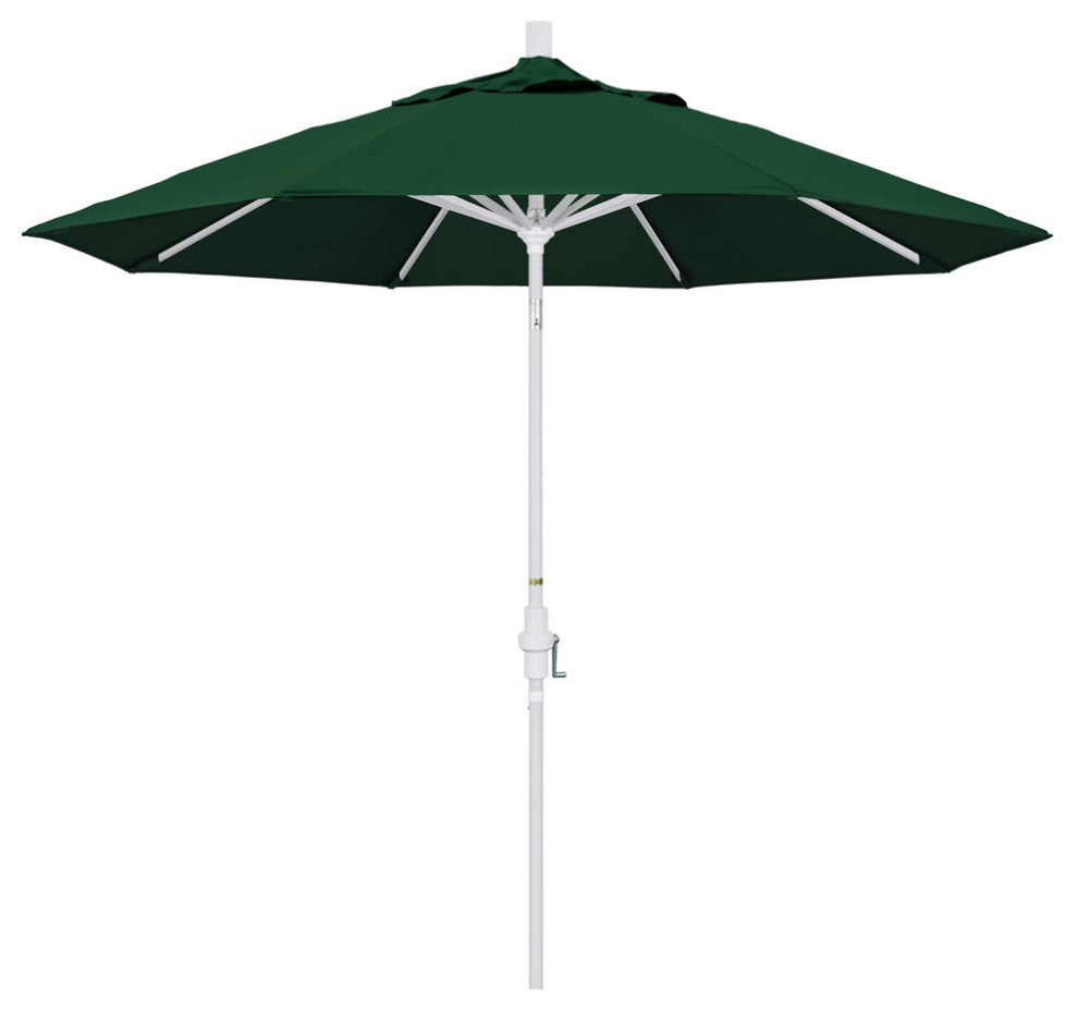 9' Matted White Collar Tilt Crank Lift Aluminum Umbrella, Sunbrella, Forest Gree