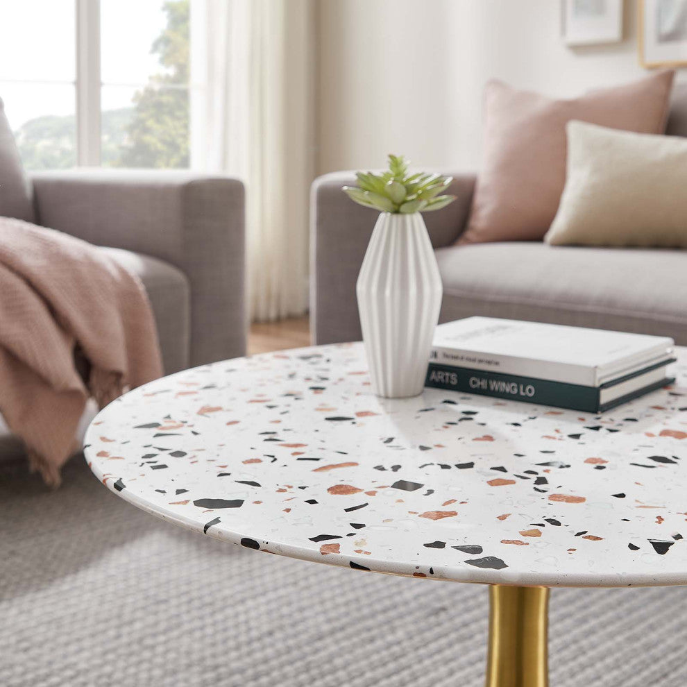 Lippa 28" Round Terrazzo Coffee Table, Gold White