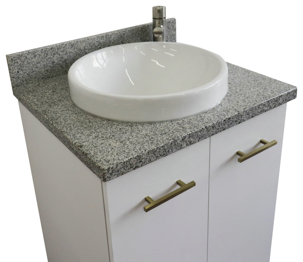25" Single Sink Vanity, White Finish With Gray Granite And Round Sink