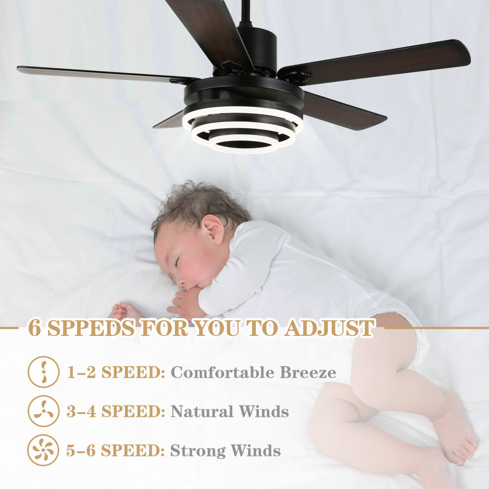 52" Modern Ceiling Fan with Dimmable Light and Remote Control, 6-Speed, Black, 52