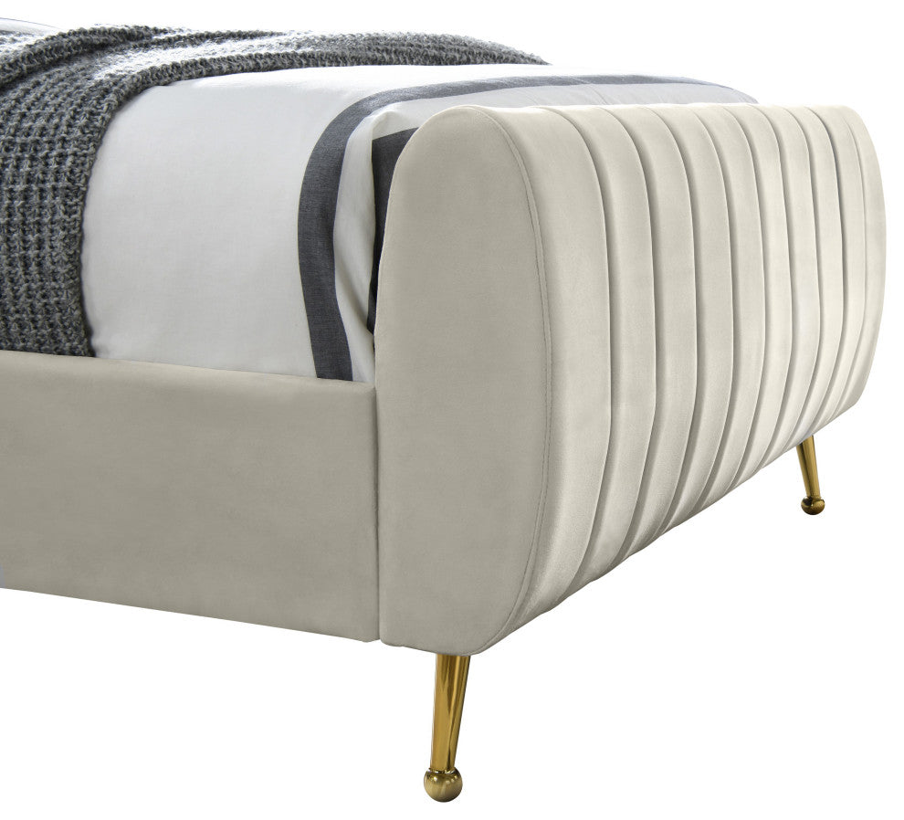 Zara Channel Tufted Velvet Upholstered Bed With Custom Gold Legs, Cream, Twin