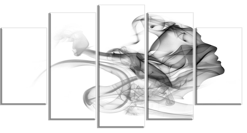 Woman and Smoke Double Exposure, Portrait Canvas Art Print, 60"x32", 5 Panels