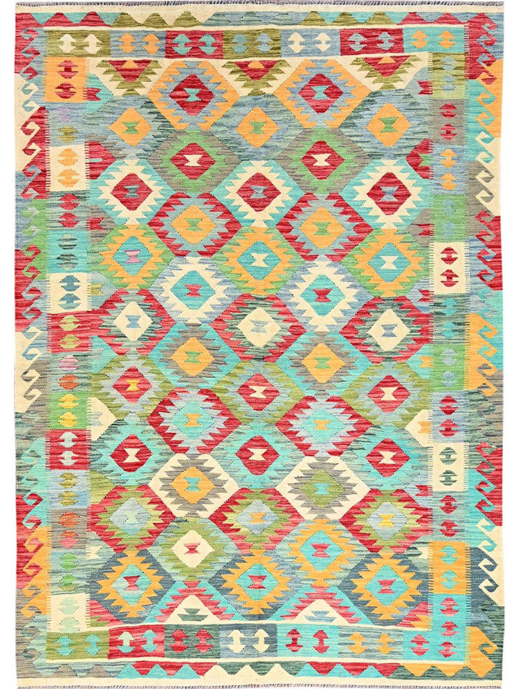 Colorful, Extra Soft Wool, Hand Woven, Flat Weave, Afghan Kilim Rug, 6'7"x9'9"