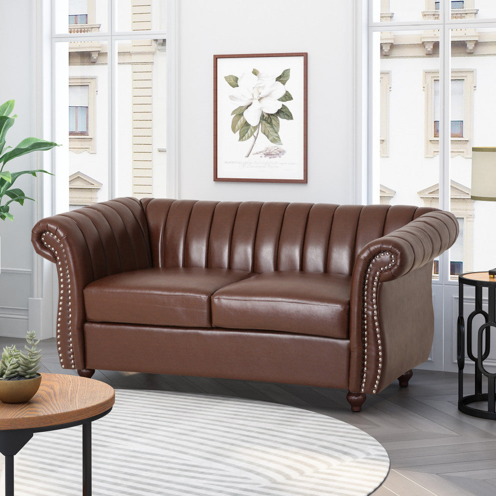Bauman Modern Glam Channel Stitch Loveseat with Nailhead Trim, Dark Brown and Espresso, Pu