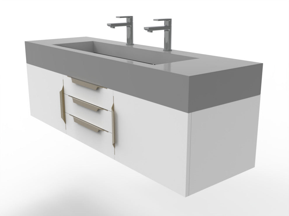 CastelloUSA Nile 60" Wall Mounted Vanity Set, White, Gray Top, Gold Handles