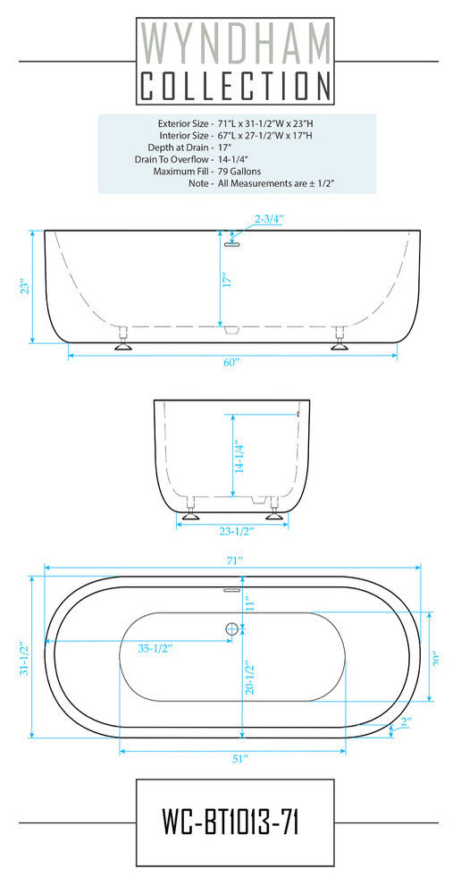 71" Freestanding Bathtub, White