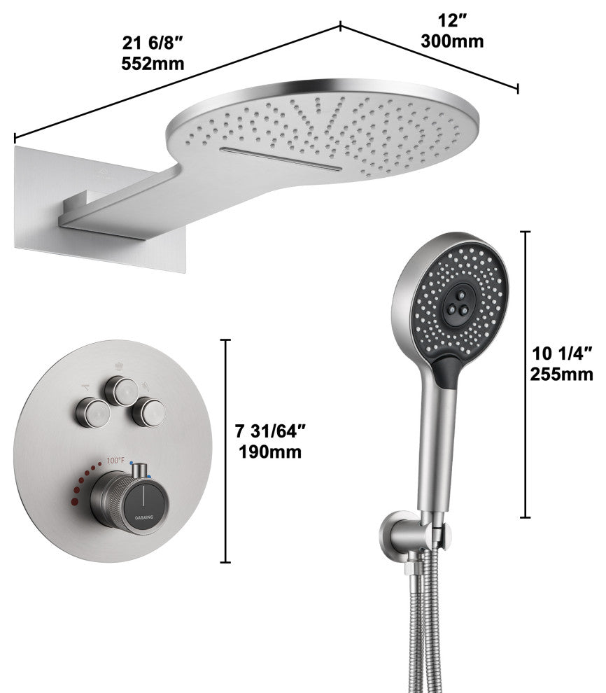 22" Luxury Shower System Set with 3 Way Thermostatic Faucet, Brushed Nickel