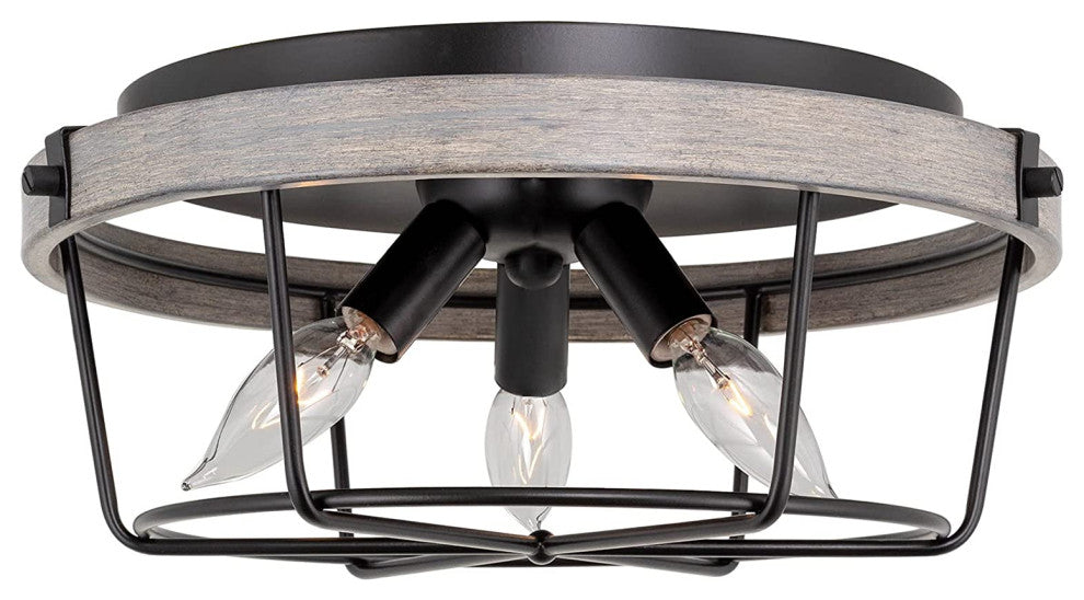 3 Light Cage Semi Flush Ceiling Lights, Vintage Wood, Ceiling Lamp Fixture