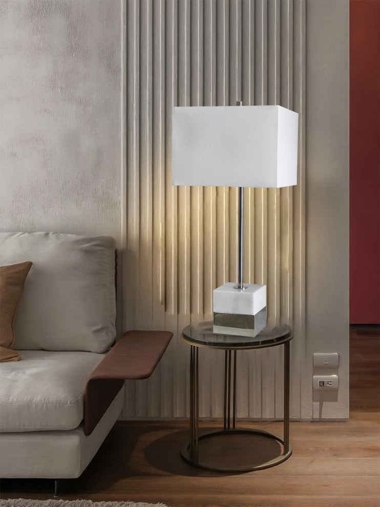 White Marble, Polished Nickel Frame Table Lamp