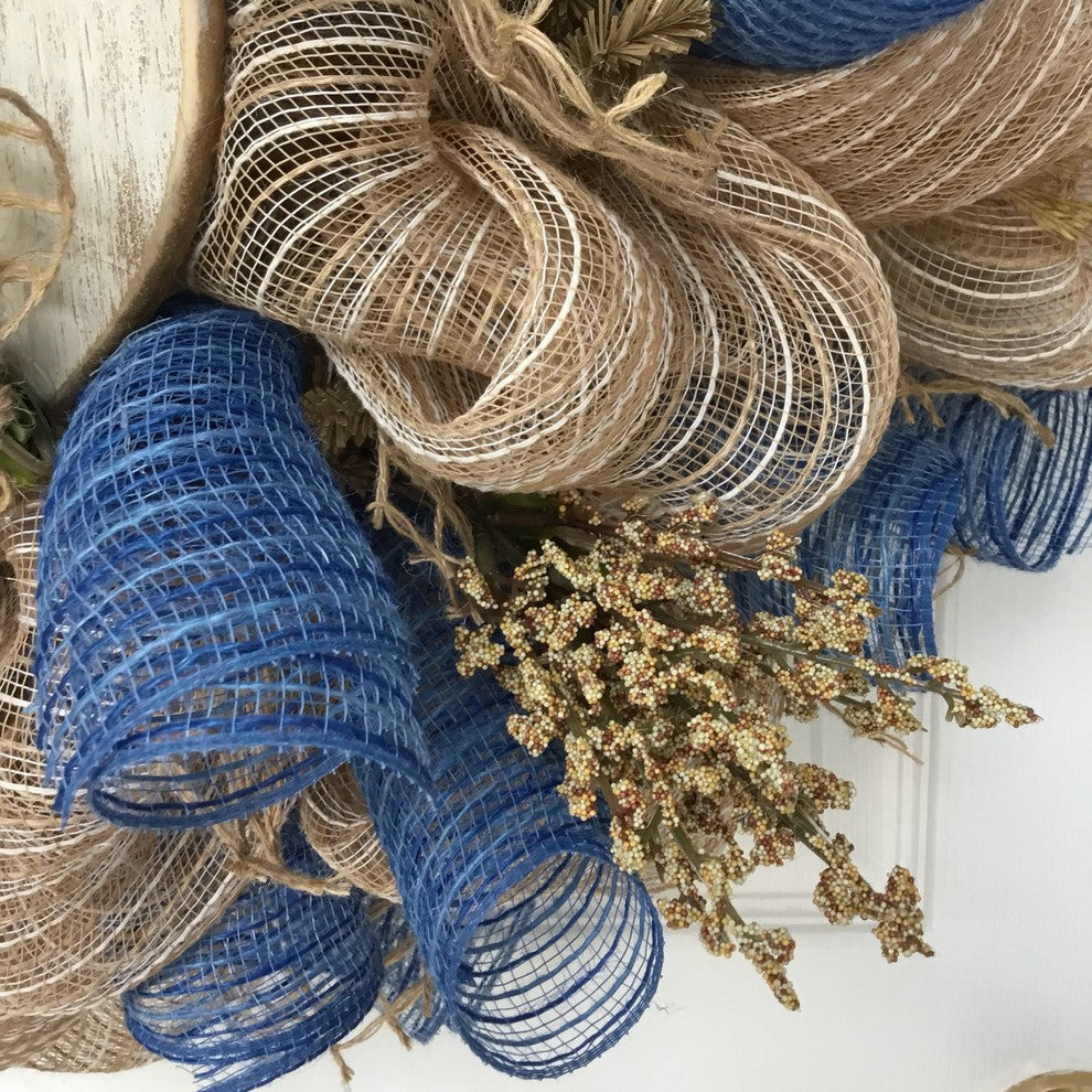 Coastal Autumn Deco Mesh Wreath With Slotted Wood Pumpkin