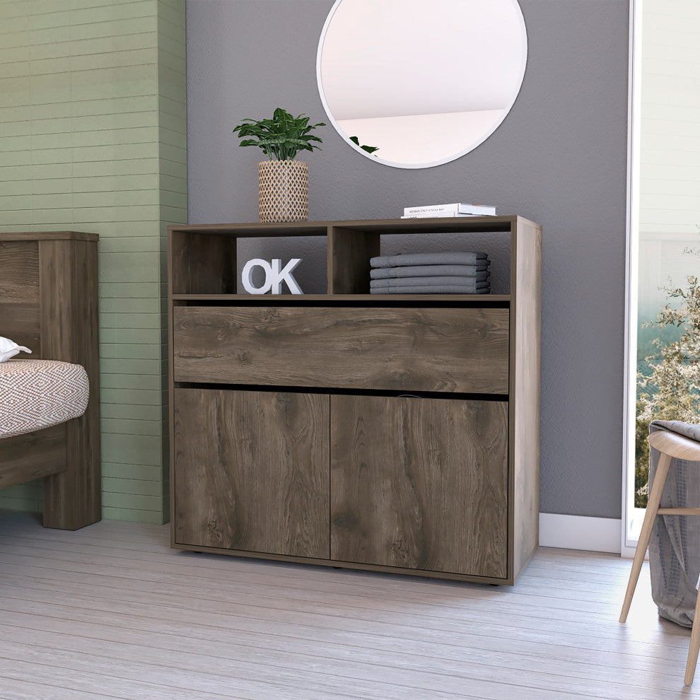 Gianna Dresser with Double Door Cabinet, 1 Drawer, and 5 Shelves, Dark Brown