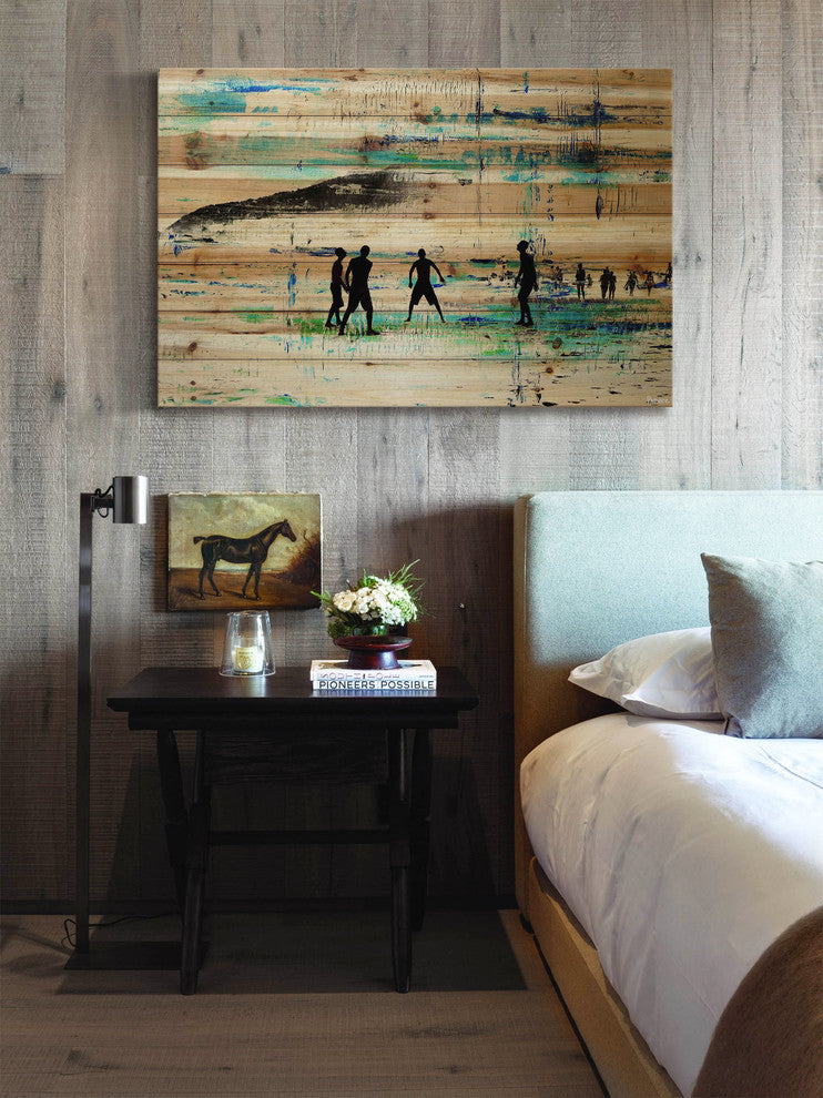 "Evening Beach Green" Painting Print on Natural Pine Wood, 60"x40"