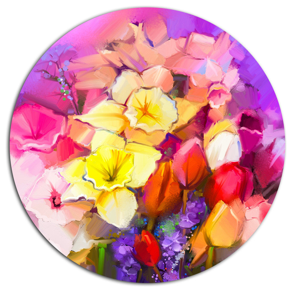 Bouquet Of Daffodil And Tulip Flowers, Floral Disc Metal Wall Art, 38"