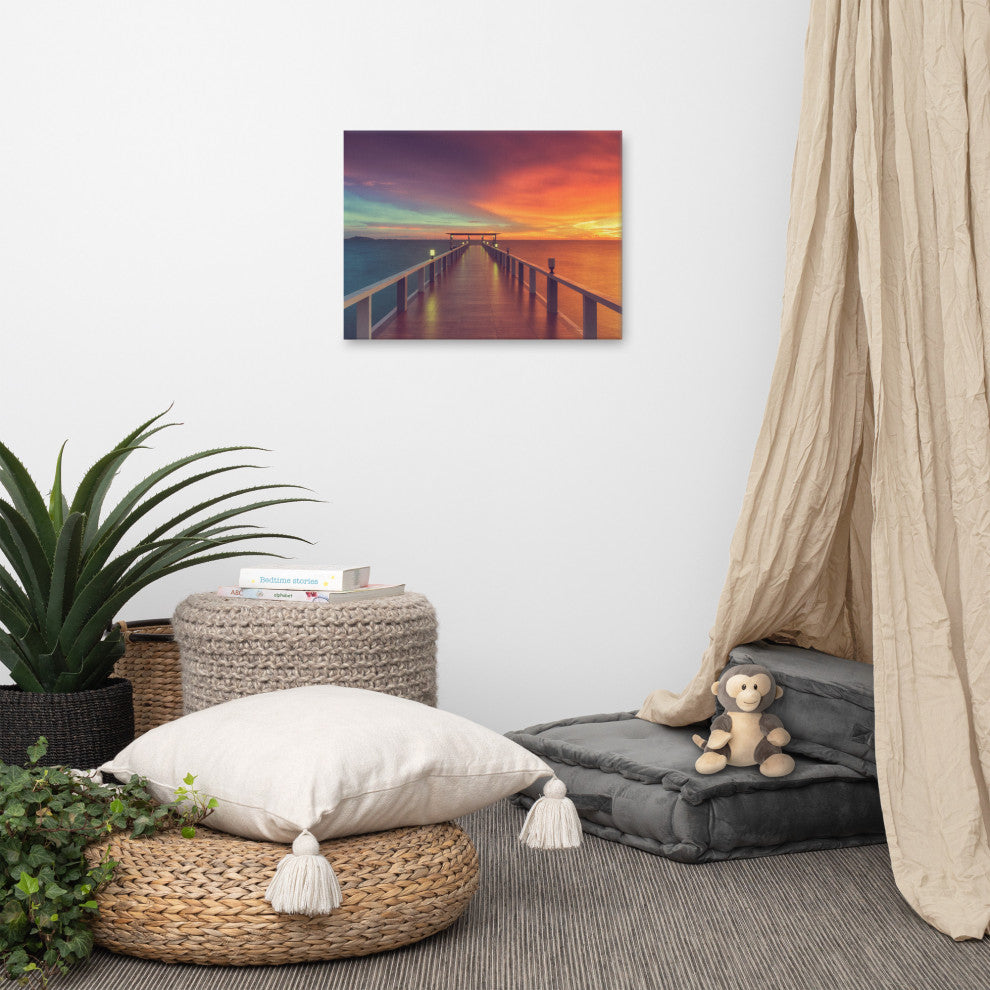 Surreal Wooden Pier At Sunset Intrigued Landscape Photo Canvas Art Print, 18" X 24"