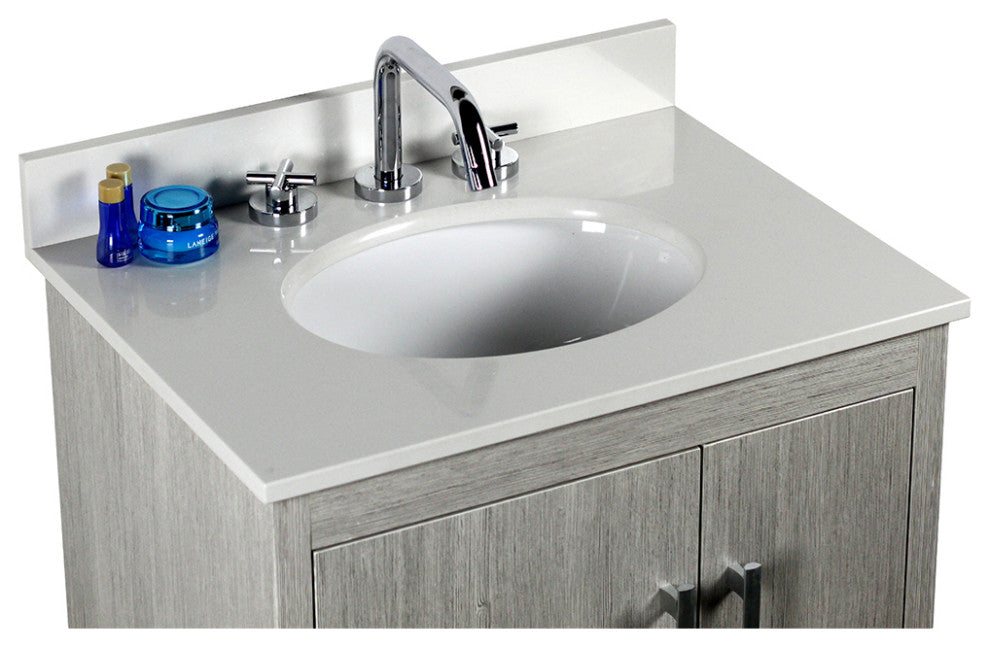 25" Single Vanity, Gray Pine Finish Top With Engineered Stone Top and Oval Sink