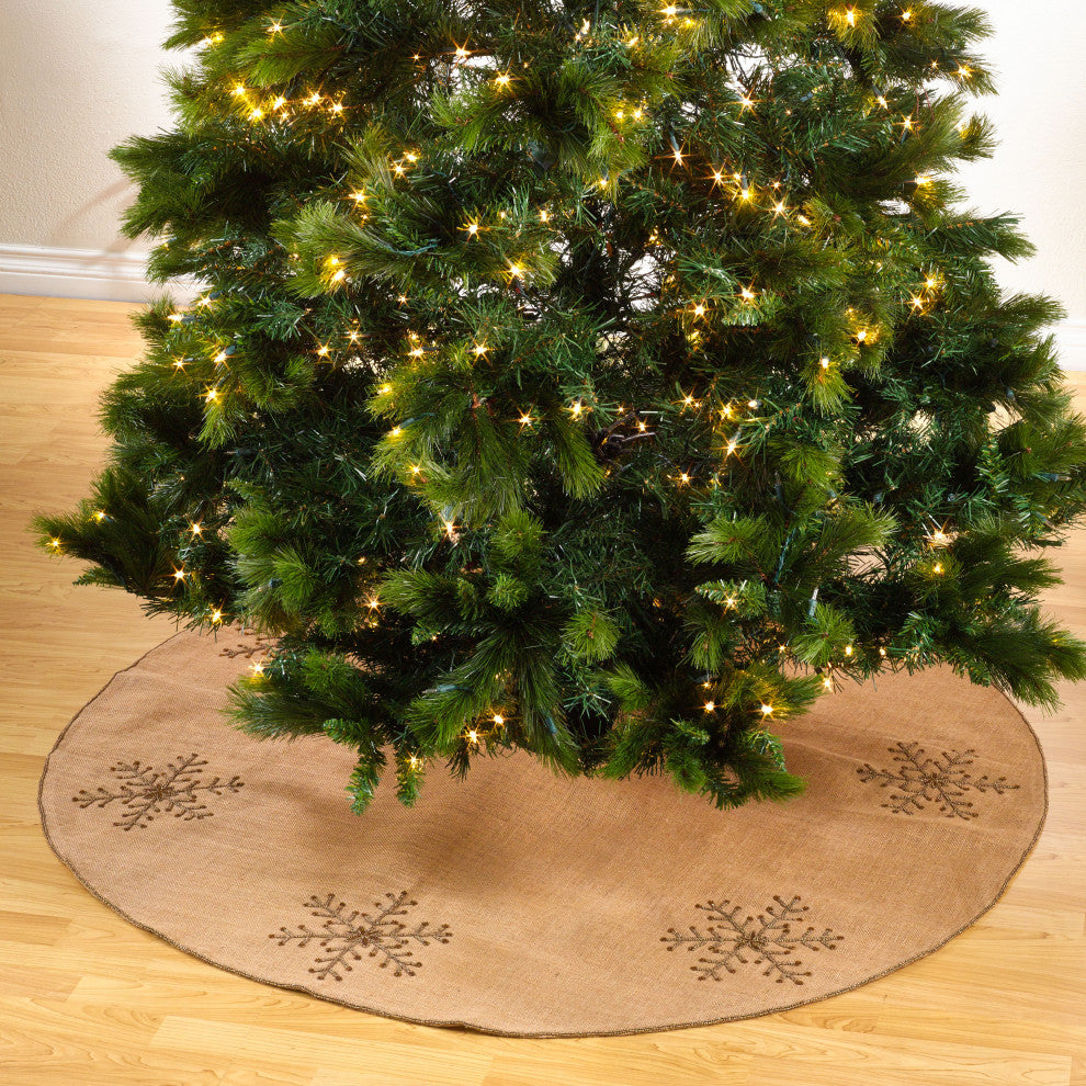 Christmas Tree Skirt With Beaded Snowflake Design, 53"x53", Natural