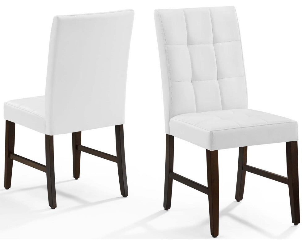 Tufted Side Dining Chair, Set of 2, Faux Leather, Wood, White, Modern, Bistro