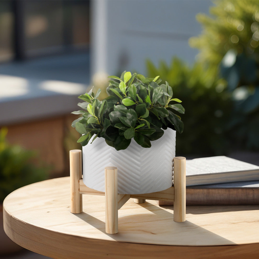 6" Ceramic Chevron Planter With Wood Stand, White