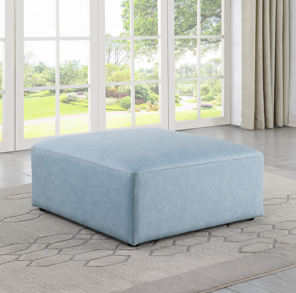 Cube Upholstered Modular Component, Light Blue, Vegan Leather, Ottoman