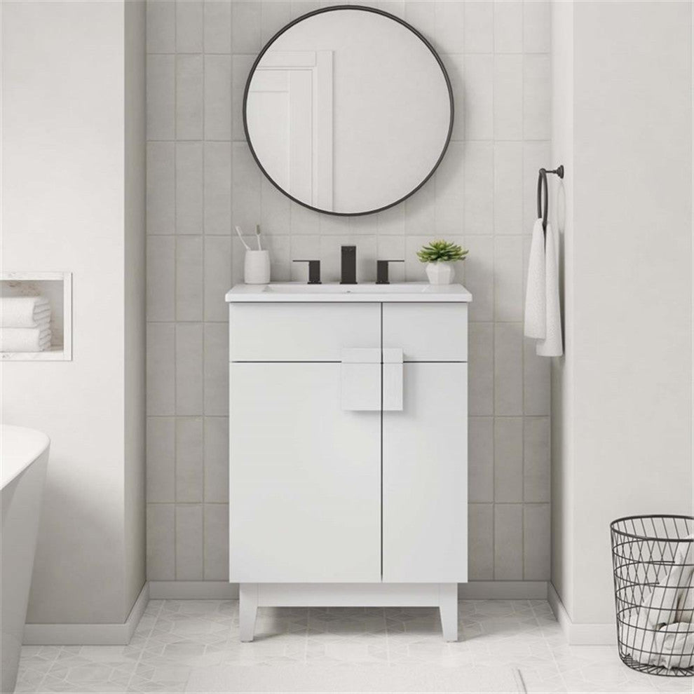 Modway Miles 24" Wood Bathroom Vanity Cabinet with Tapered Legs in White
