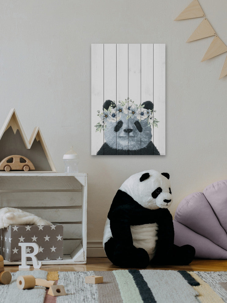 "Floral Crowned Panda" Painting Print on White Wood, 40x60