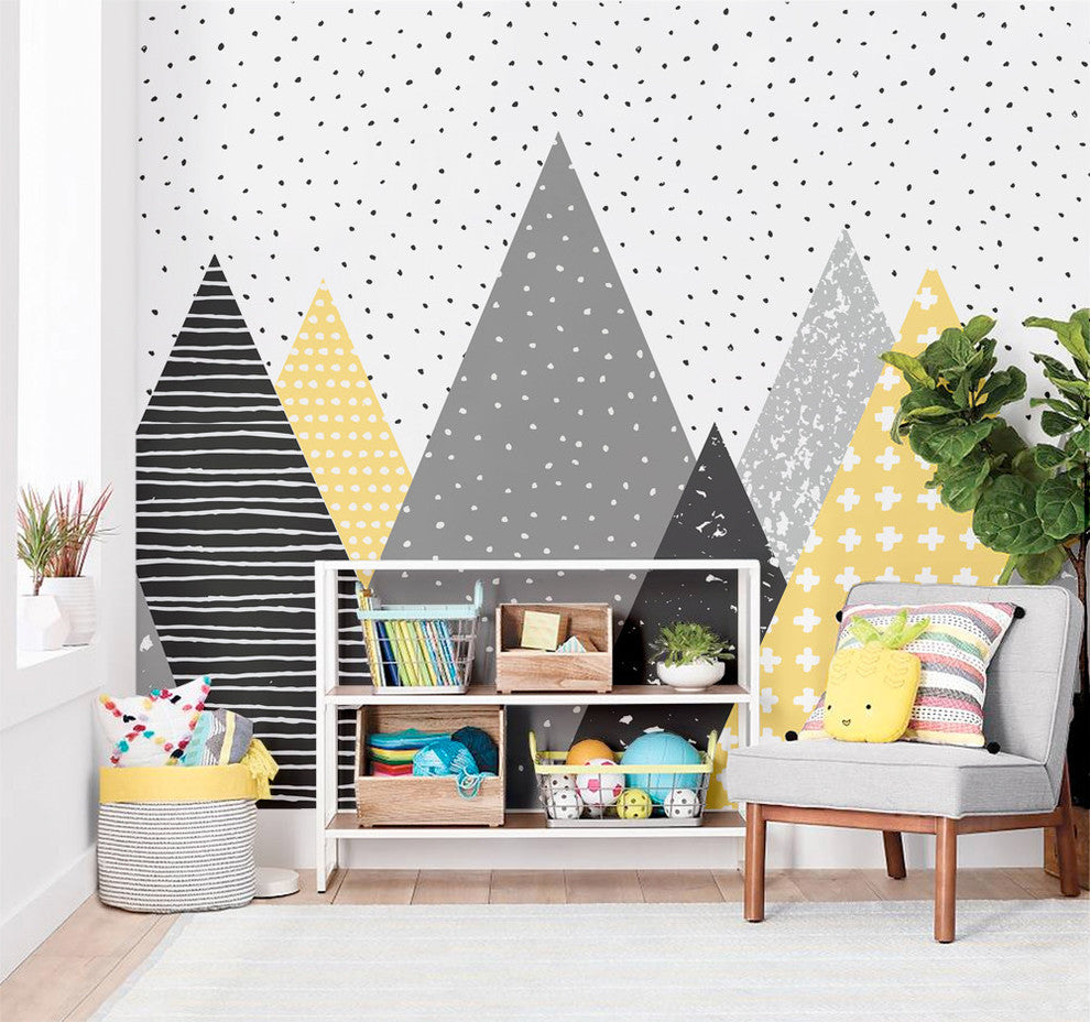 Kids Mountains Peel and Stick Vinyl Wallpaper, Yellow/Gray, 24"x96"
