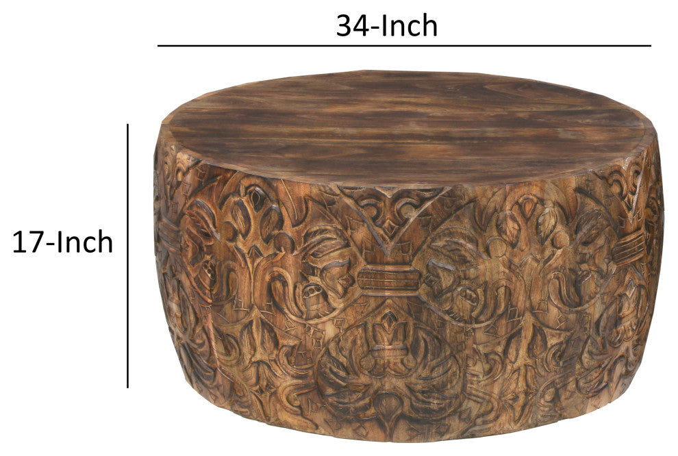 Rea 34" Coffee Table Mango Wood Round Drum Carved Damask Walnut Brown