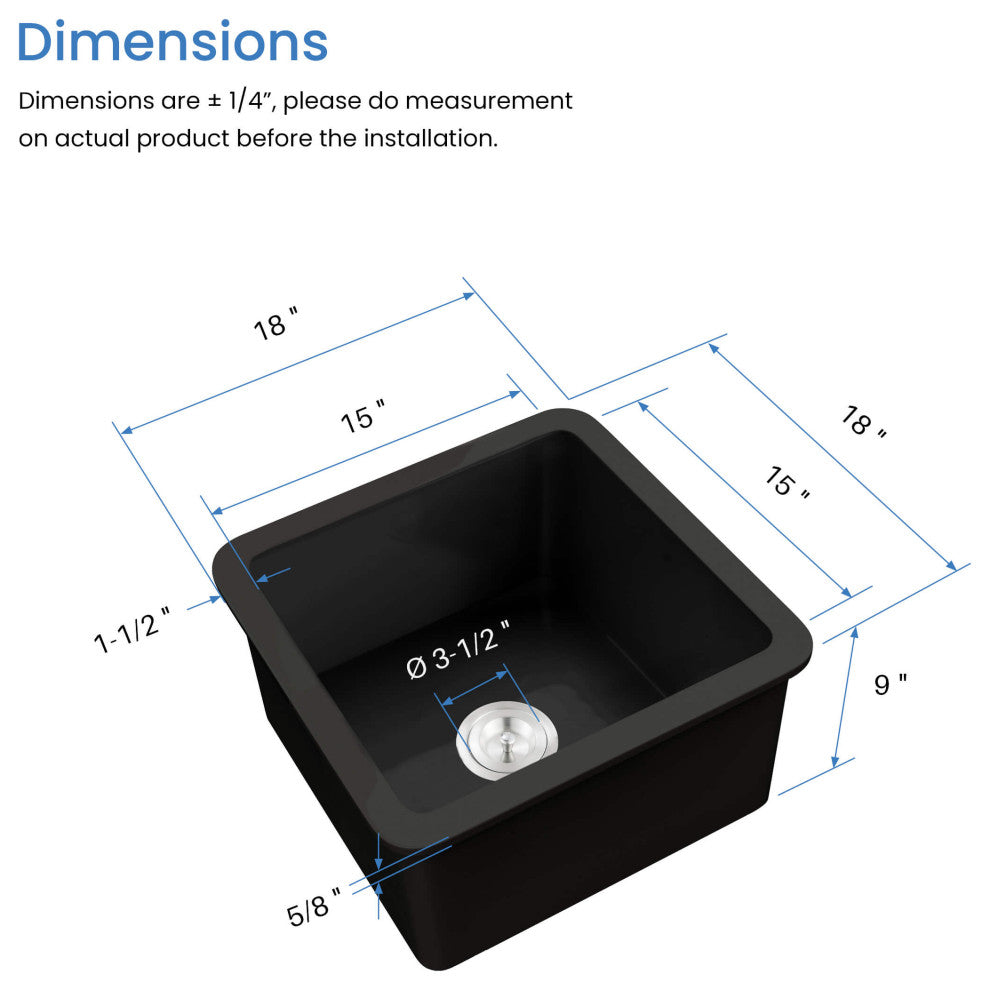 Pure 18" Fireclay Kitchen Undermount Single Bowl Sink, Matte Black
