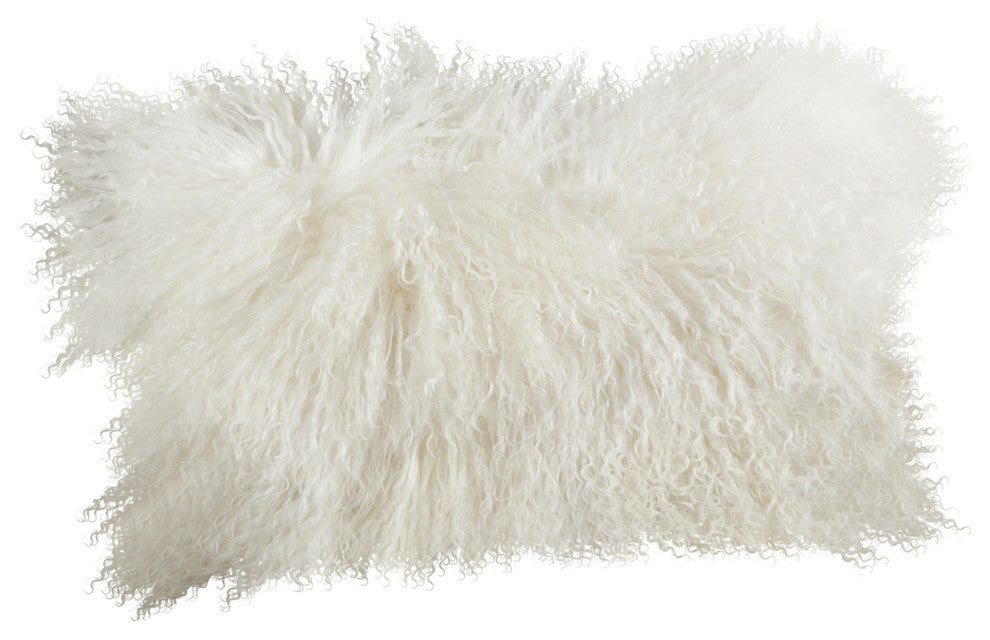 Mongolian Lamb Fur Poly Filled Throw Pillow, Ivory, 12"x20"