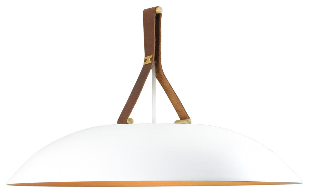 Volo LED Pendant, Cava - White Shade/Brushed Brass/Brown Leather/Walnut, 4000K