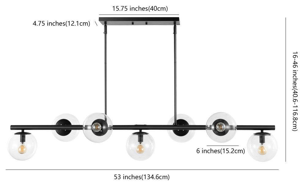 Luca Parisian 53" 7-Light Modern Glam Iron Globe Linear LED Pendant, Black/Clear