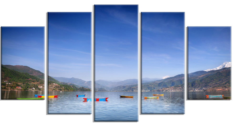 Boats in Pokhara Lake, Modern Seashore Canvas Wall Art, 60"x32", 5 Panels