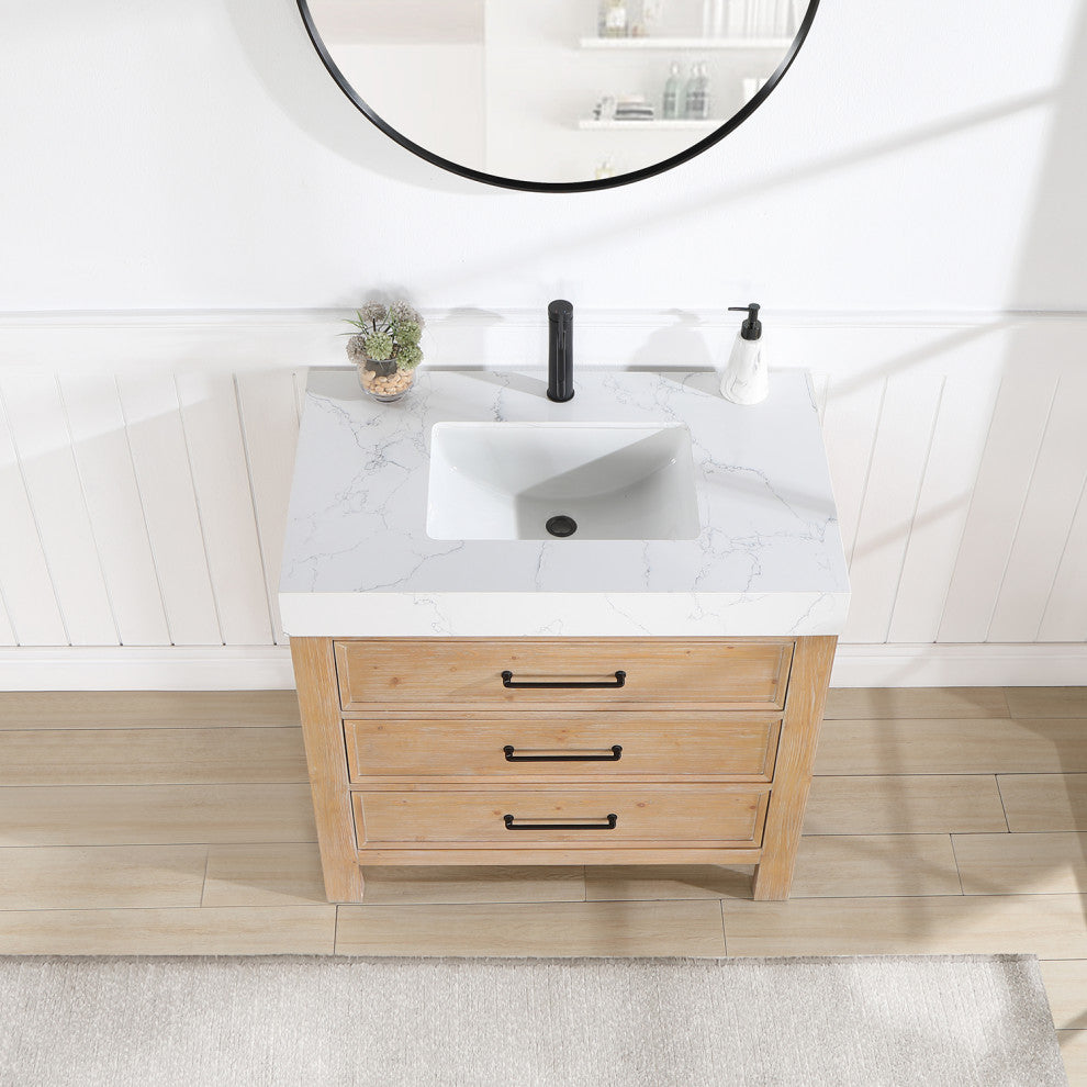 Leon Bath Vanity With Composite Stone Top, Fir Wood Brown, 36", With Mirror