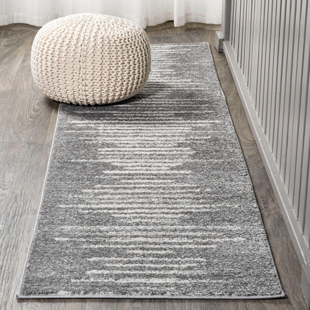 Aya Berber Stripe Geometric Area Rug, Gray/Cream, 2'x8'
