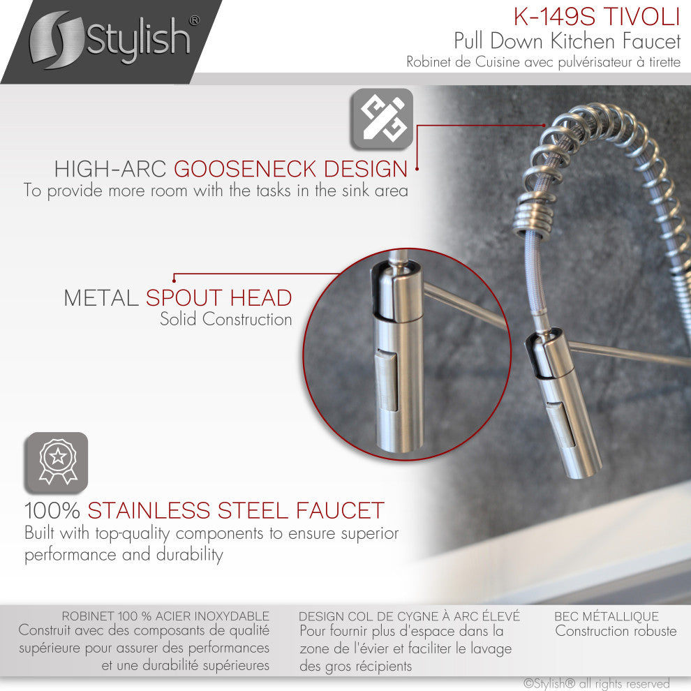 STYLISH Single Handle Pull-Down Dual Mode Kitchen Faucet Stainless Steel Brushed