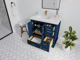 Boston 36 Left Offset Bath Vanity in Navy Blue 2" Calacatta Black
