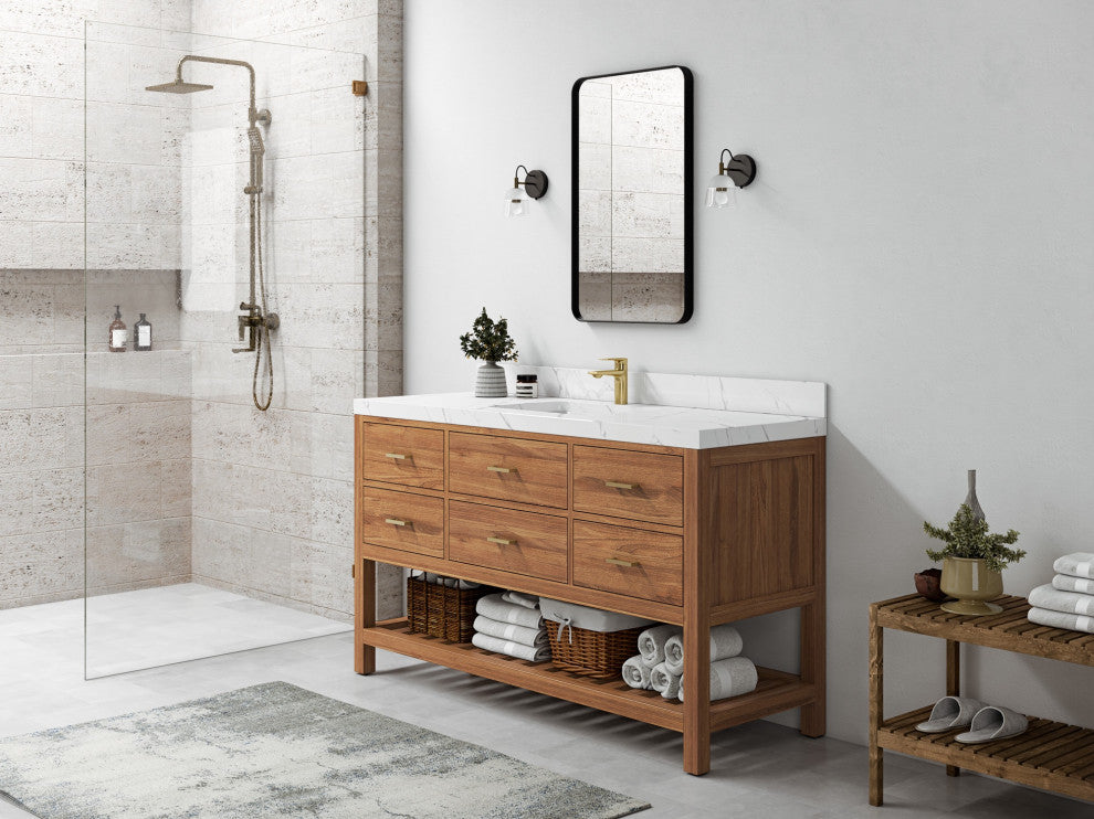 Parker Teak 60" Single Sink Bath Vanity in Golden Teak 2" White Quartz