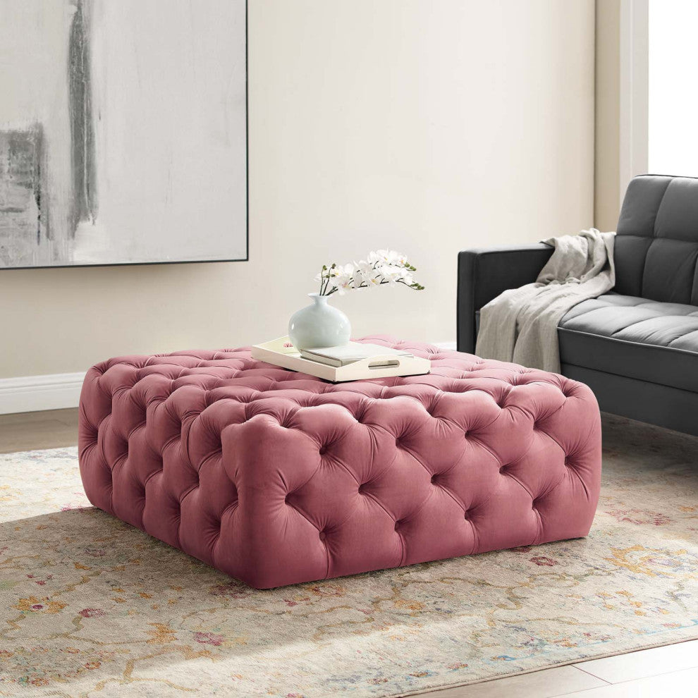 Tufted Accent Chair Ottoman, Square, Velvet, Pink, Modern, Lounge Hospitality
