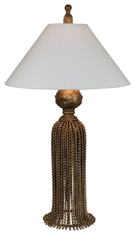 28" Gold Iron Tassel Table Lamp, Cottage Contemporary Romantic Ornate White