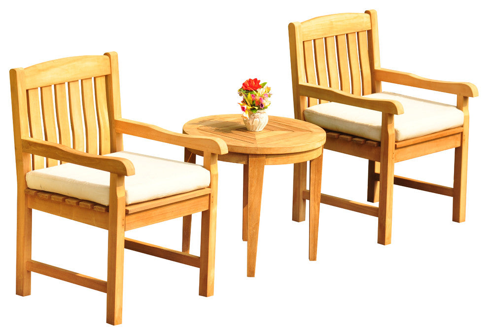 3-Piece Outdoor Teak Dining Set, 23.5" Round Table, 2 Devon Arm Chairs