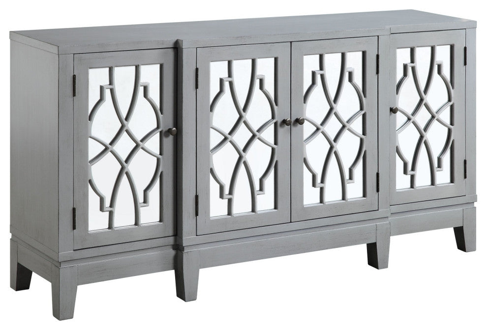 Benzara BM251334 Console Table With 4 Glass Doors and Geometric Front, Gray
